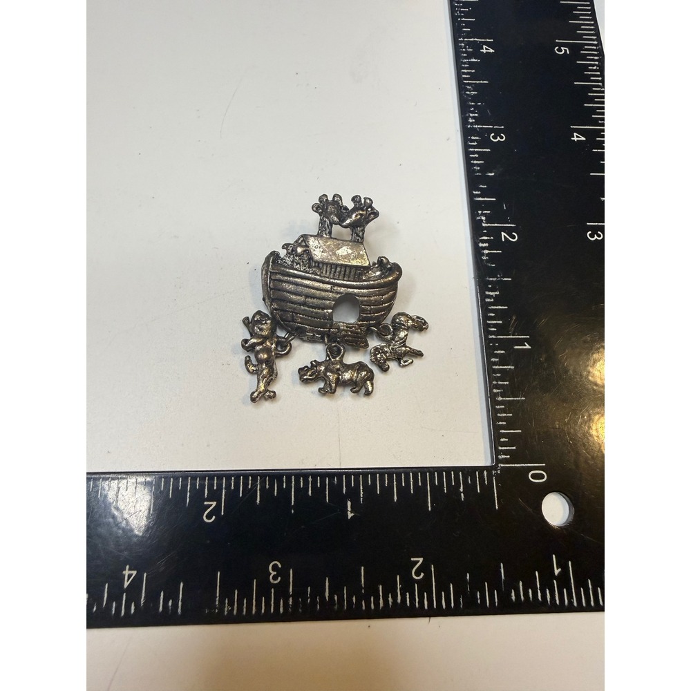Noahs Ark Dangle Brooch Silver Tone Animal Charms Religious Pin Zebra Hippo Lion